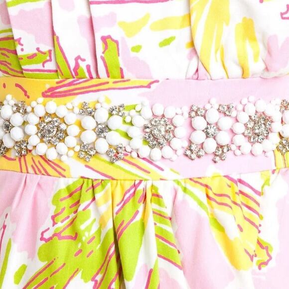 Lilly Pulitzer Crystal Skipping on Sunshine Yellow Pink Beaded Strapless Dress 4 - Picture 3 of 9